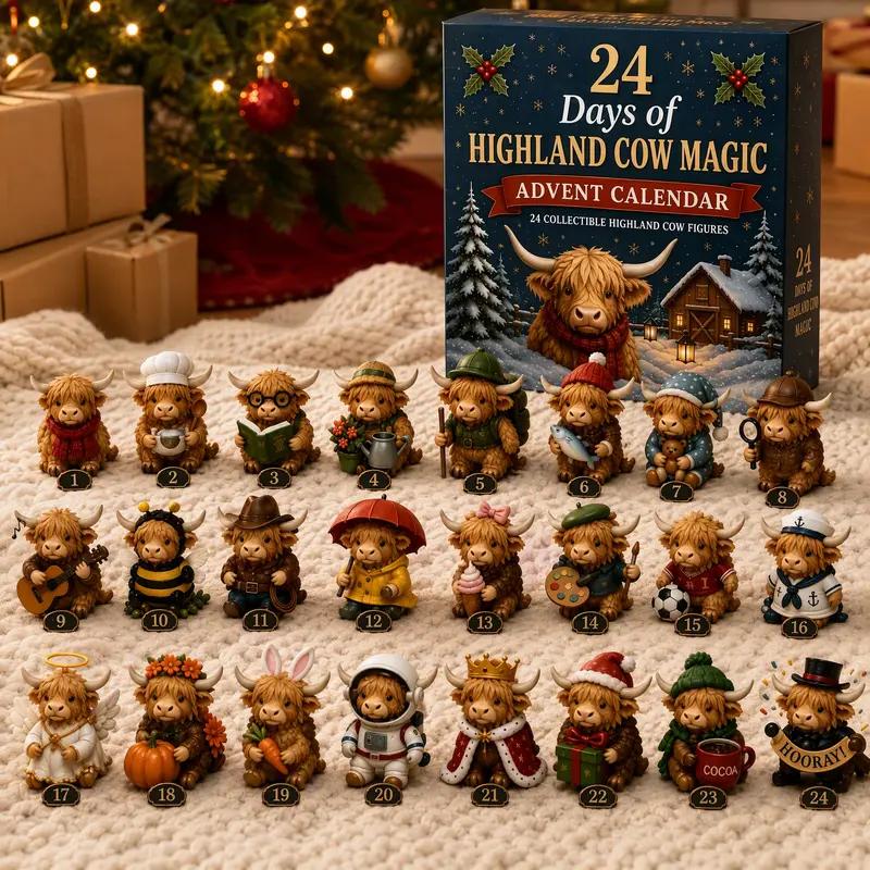 24 Days of Highland Cow Magic advent calendar with collectible Highland cow figures