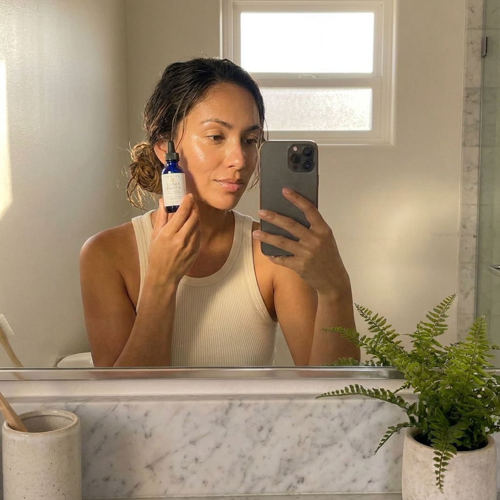 Woman using Avella Luma Drops liposomal glutathione in her bathroom