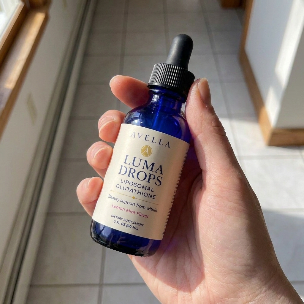 Hand holding Avella Luma Drops bottle overhead