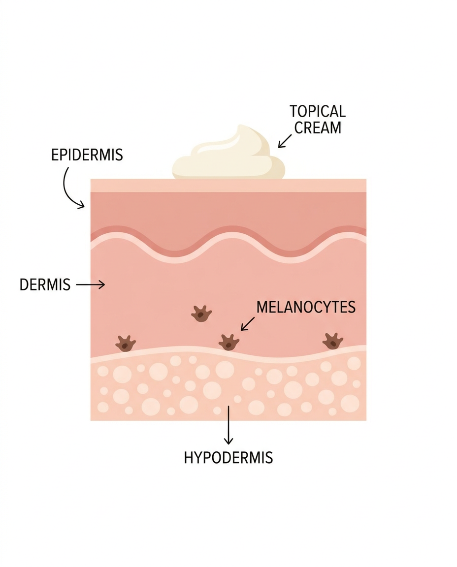 Skin cross-section diagram showing melanocytes deep in dermis beyond reach of topical creams